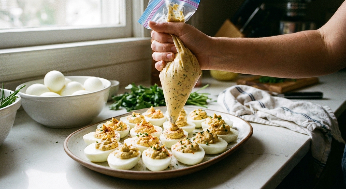 A real photograph of a hand piping creamy deviled egg filling from a zip-top bag into egg white halves on a serving platter, kitchen counter background