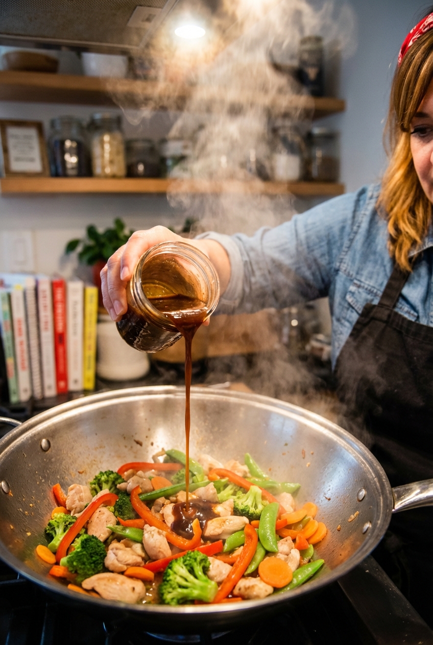 A real photograph of a hand pouring a glossy stir-fry sauce into a hot pan with vegetables and chicken