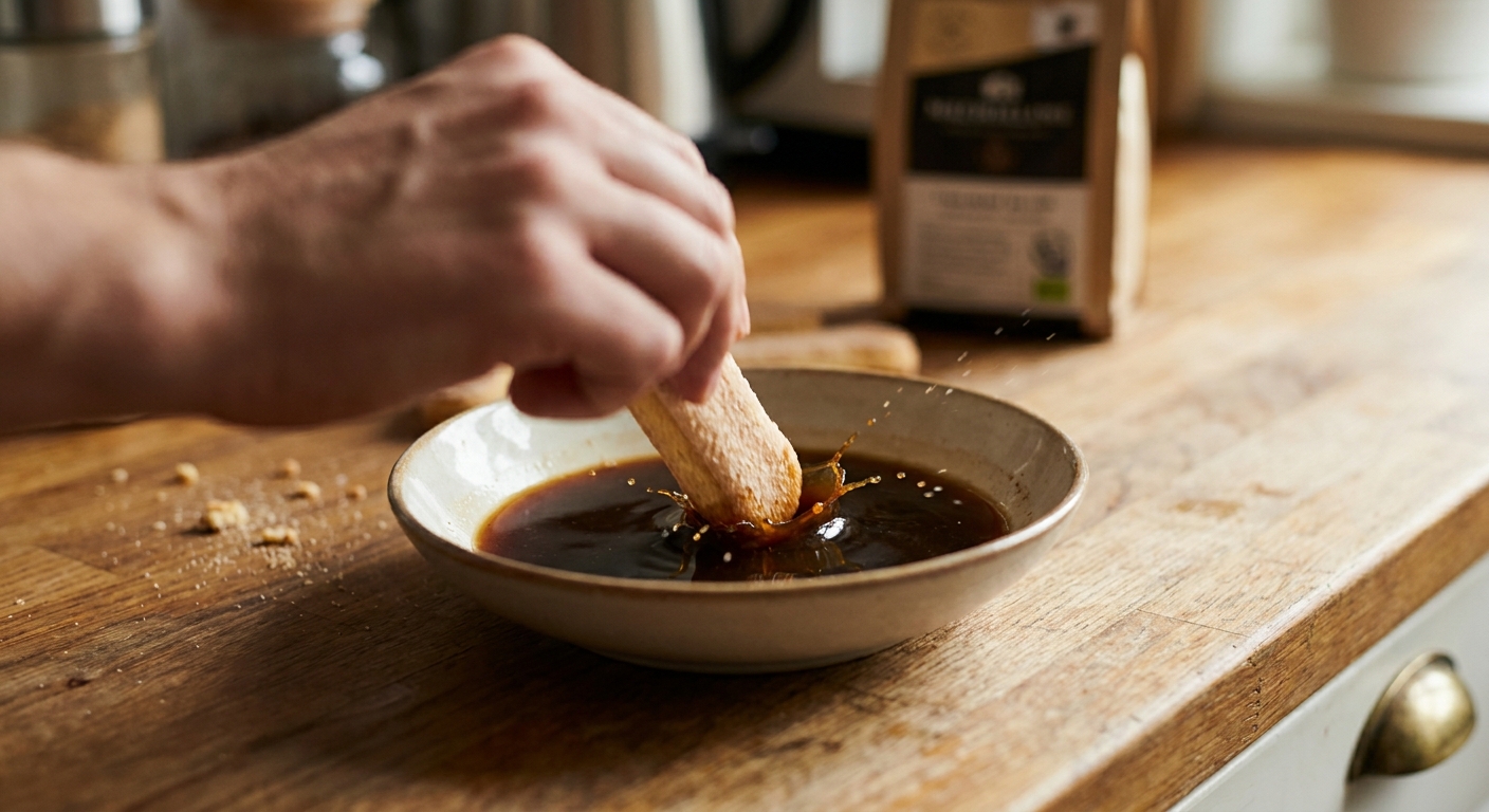 A real photograph of a hand quickly dipping a crisp ladyfinger into a shallow bowl of cooled espresso on a home kitchen counter
