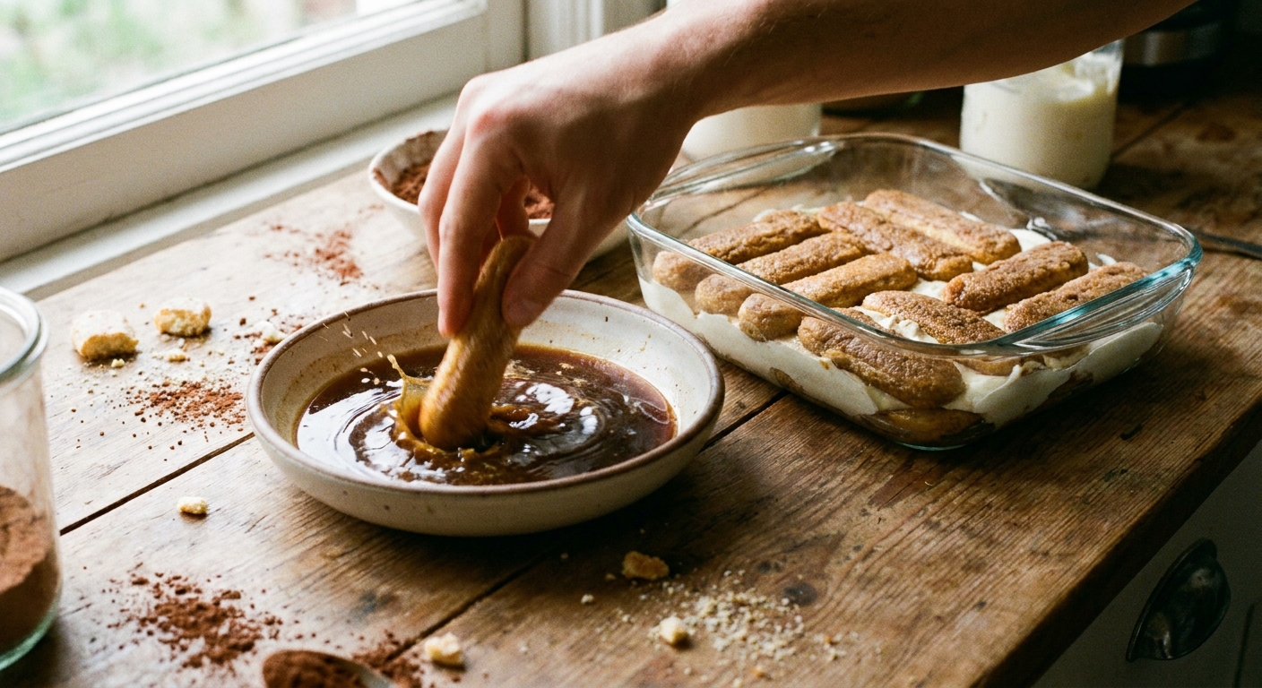 A real photograph of a hand quickly dipping a ladyfinger into a shallow bowl of espresso next to a glass baking dish ready for layering