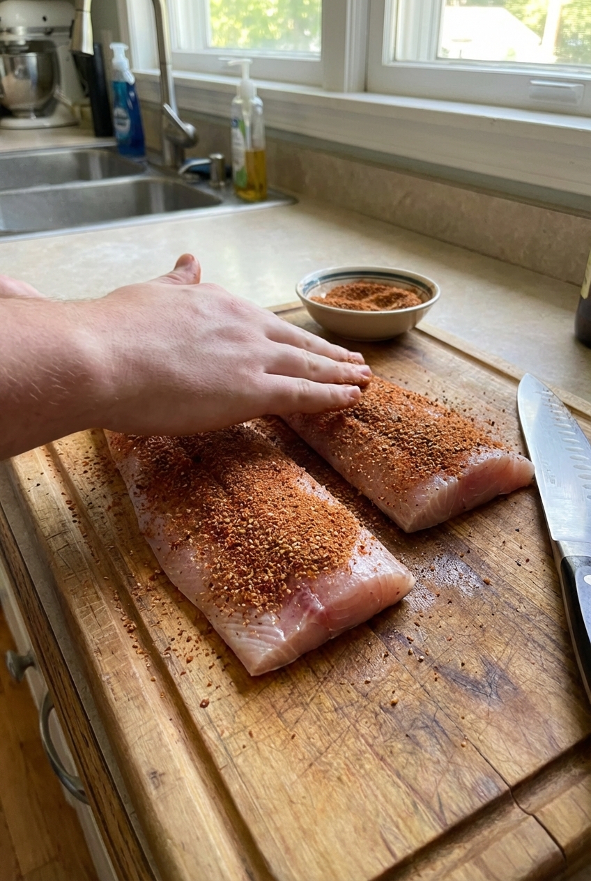 A real photograph of a hand rubbing a warm spice blend onto raw mahi mahi fillets on a cutting board