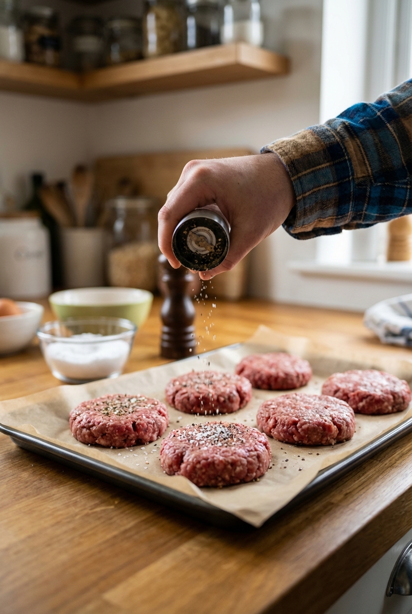 A real photograph of a hand seasoning raw burger patties on a parchment-lined baking sheet with salt and pepper