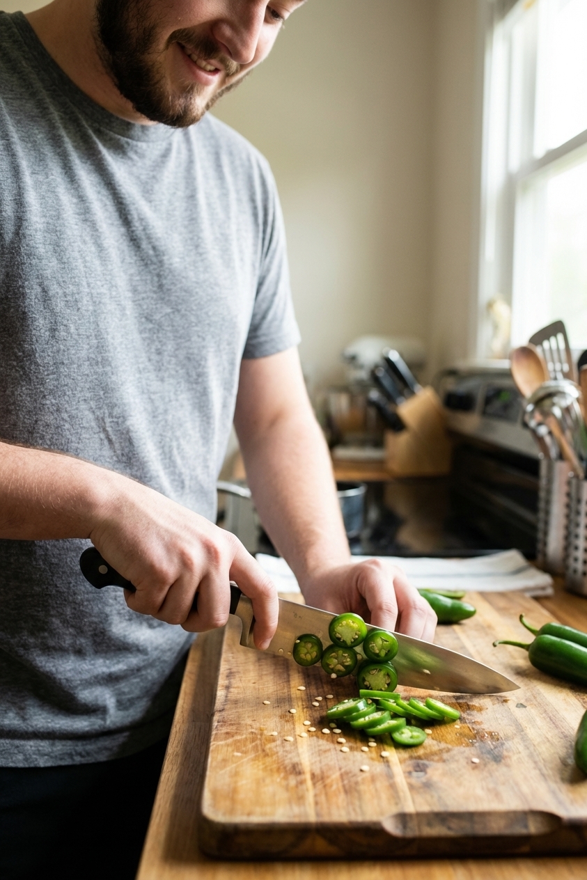 A real photograph of a hand slicing fresh jalapeños into thin rounds on a wooden cutting board with a chef's knife, seeds visible, in a home kitchen with soft natural light