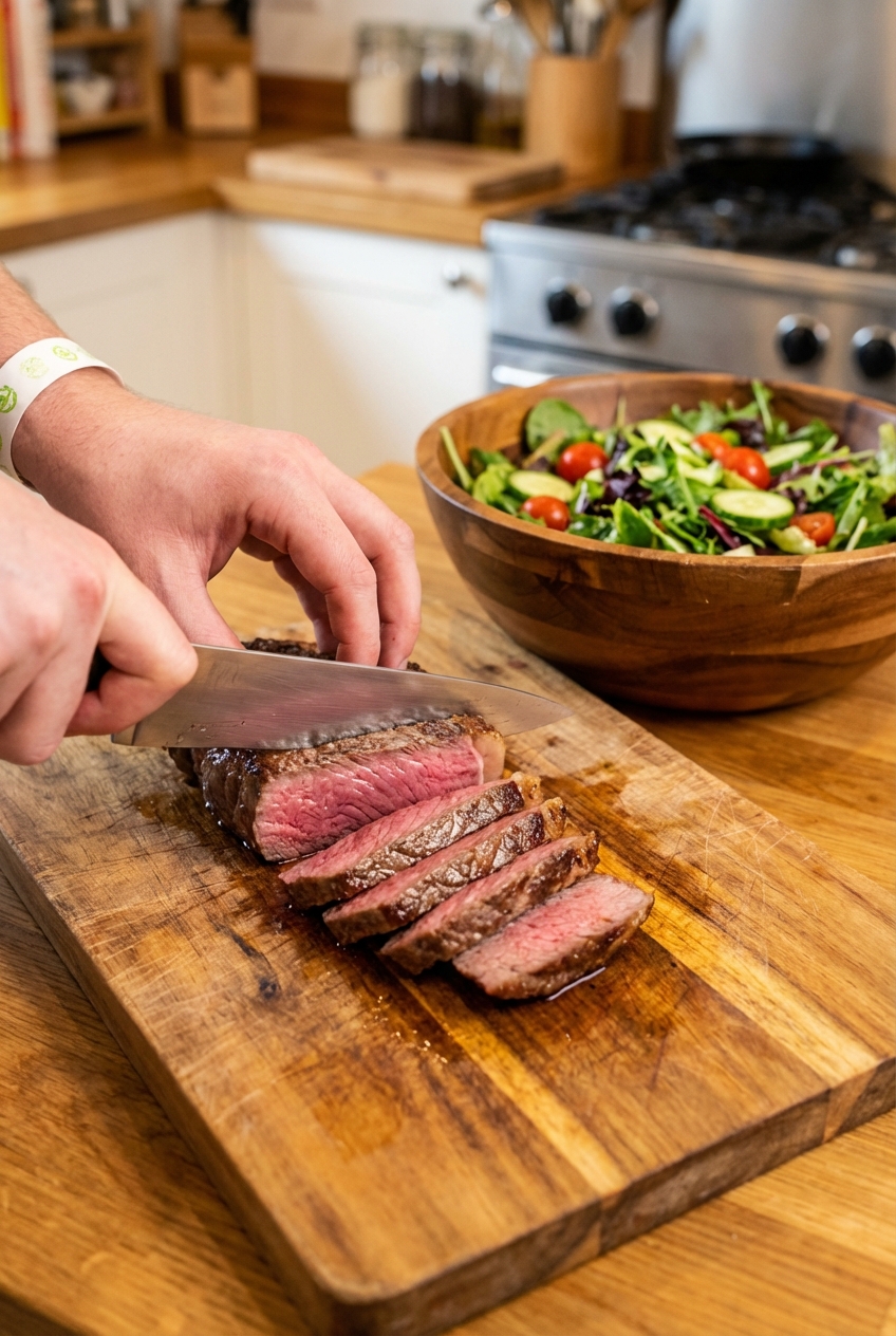 A real photograph of a hand slicing rested medium-rare sirloin steak against the grain on a wooden cutting board with a salad bowl nearby