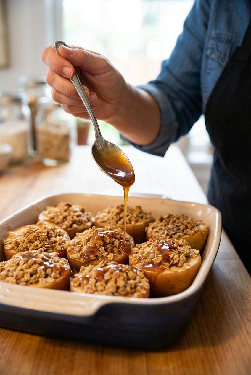 A real photograph of a hand spooning cinnamon syrup over baked apples with oat topping in a baking dish