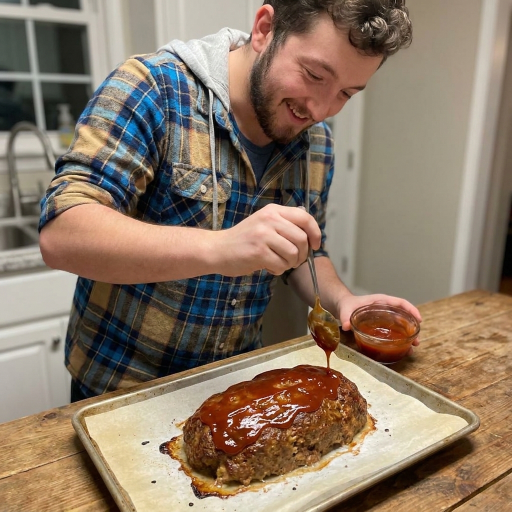 A real photograph of a hand spooning ketchup glaze over a partially baked meatloaf on a parchment-lined baking sheet