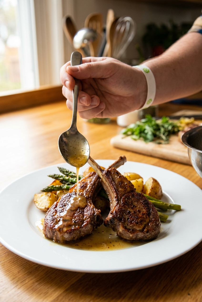 A real photograph of a hand spooning lemon-garlic pan sauce over crispy lamb chops on a dinner plate