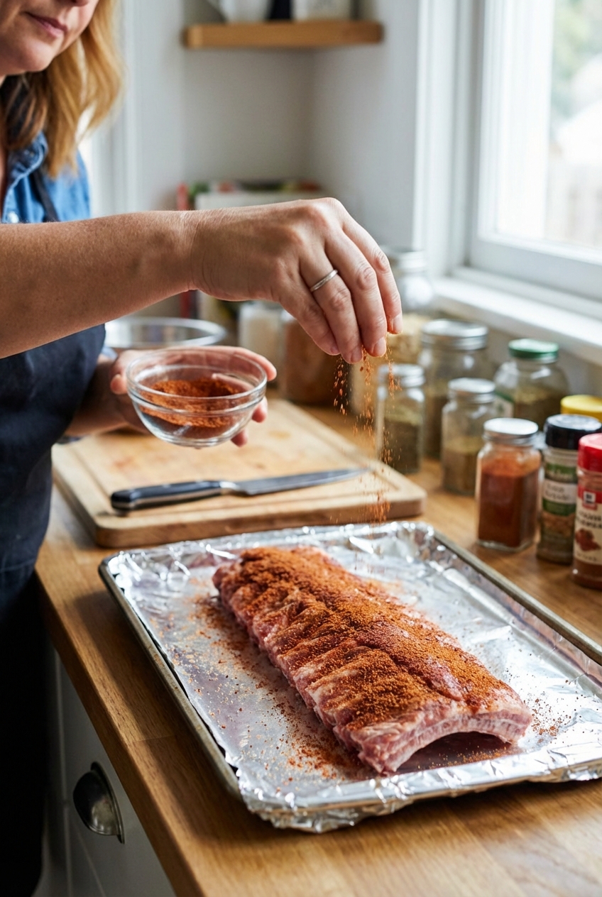 A real photograph of a hand sprinkling a paprika-based dry rub over a rack of ribs on a sheet pan in a home kitchen