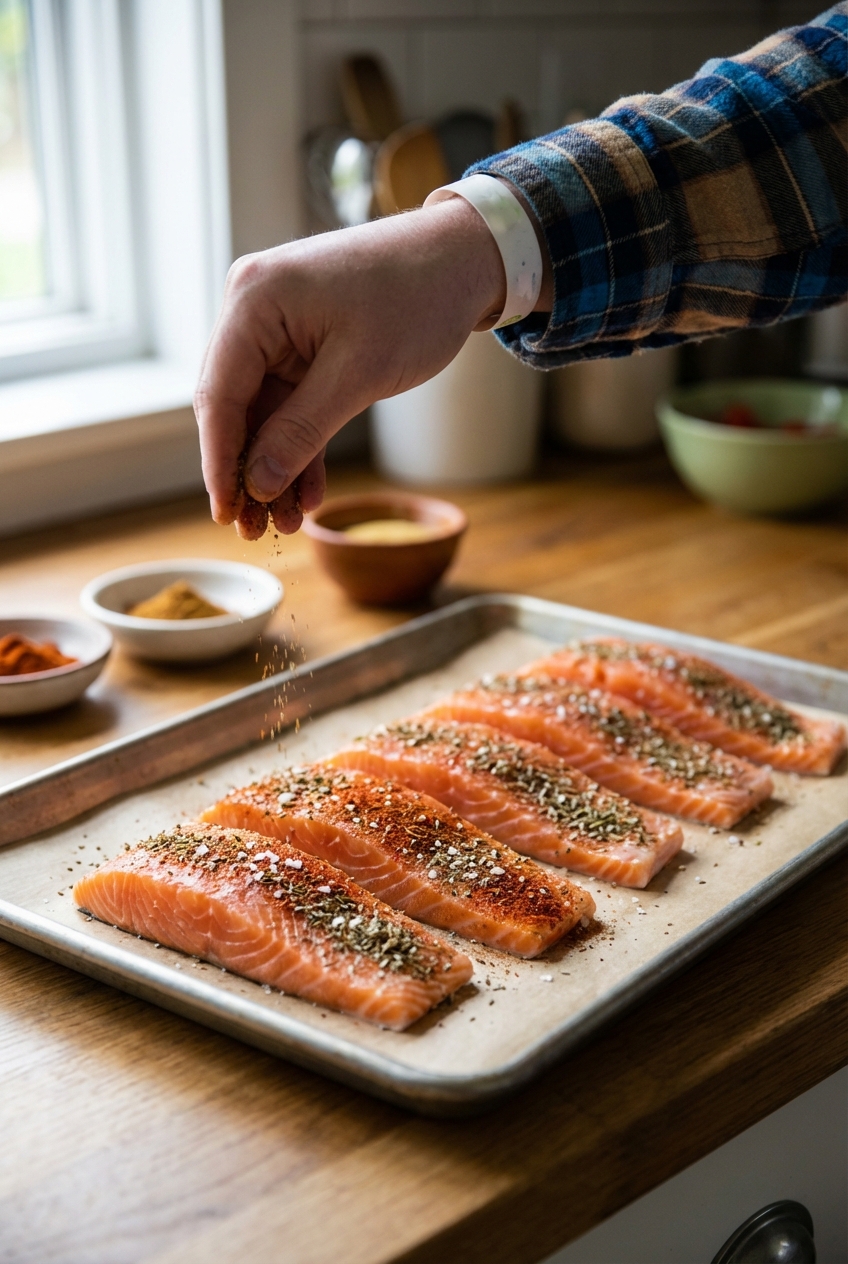 A real photograph of a hand sprinkling seasoning blend over raw salmon fillets on a parchment-lined baking sheet