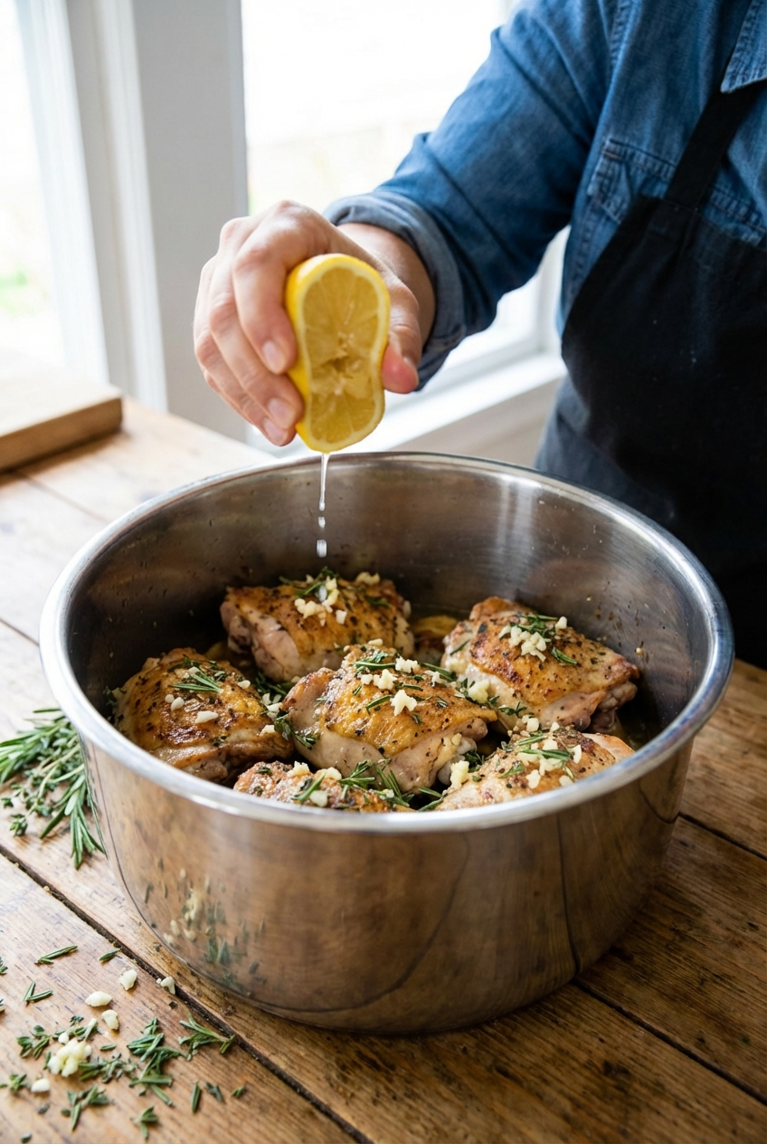 A real photograph of a hand squeezing a lemon over browned chicken thighs in an Instant Pot insert, with minced garlic and herbs visible in the pot