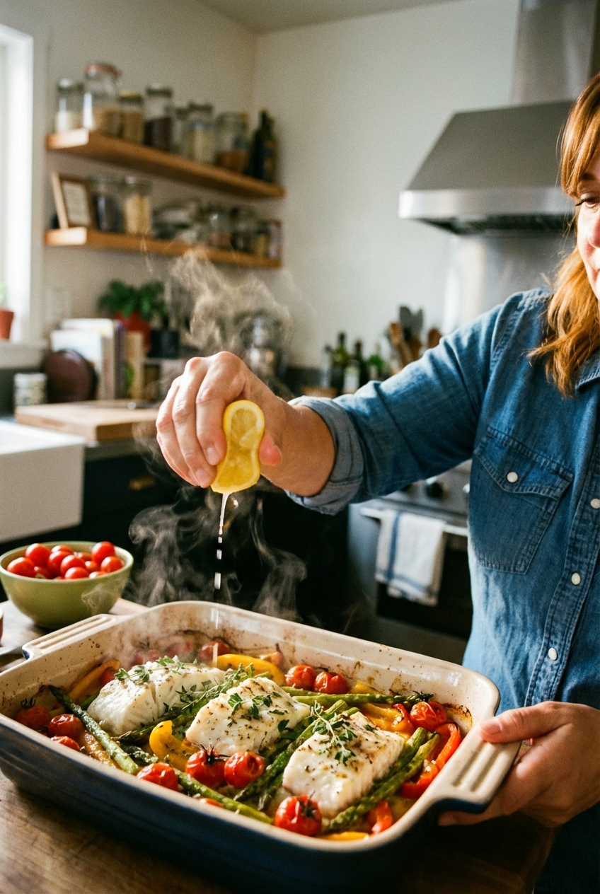 A real photograph of a hand squeezing a lemon wedge over a baking dish of seasoned fish and vegetables right before serving