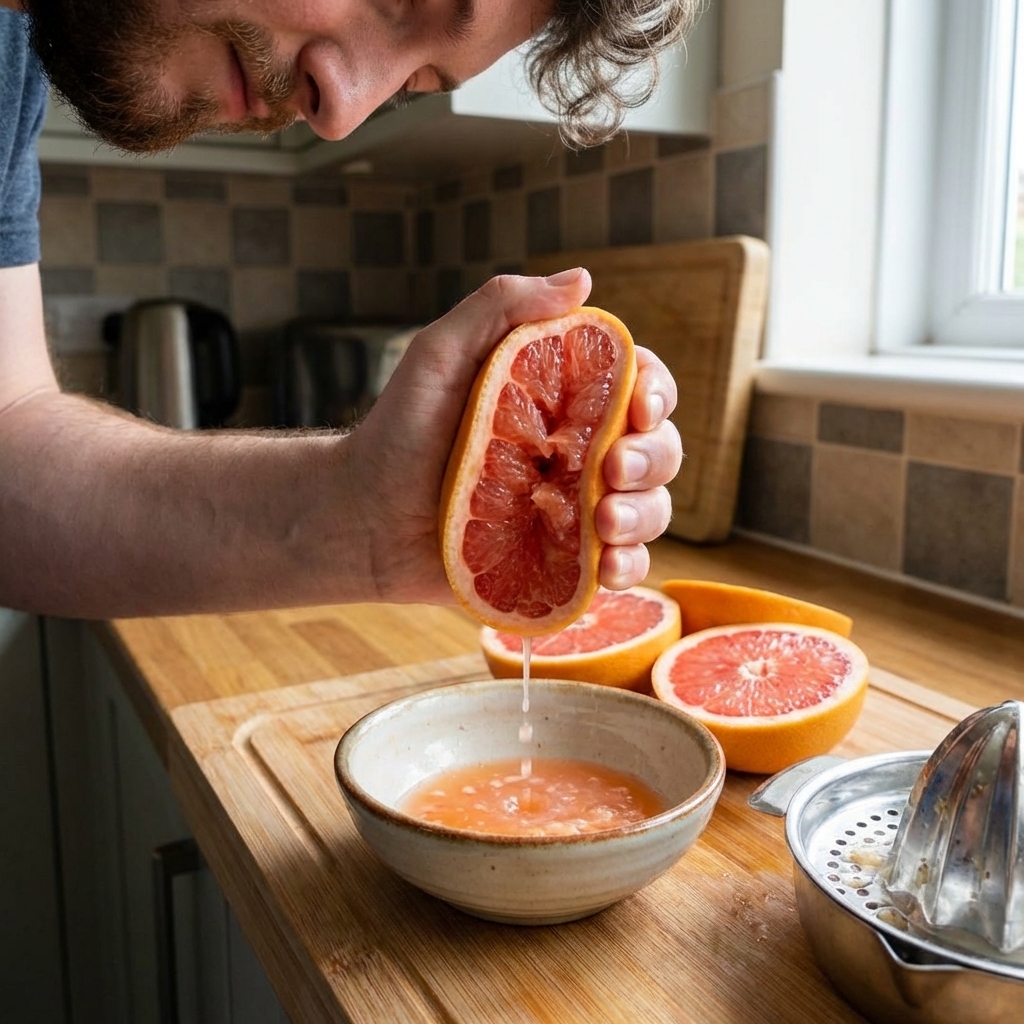 A real photograph of a hand squeezing fresh grapefruit over a small bowl with citrus halves and a metal citrus juicer on a kitchen counter
