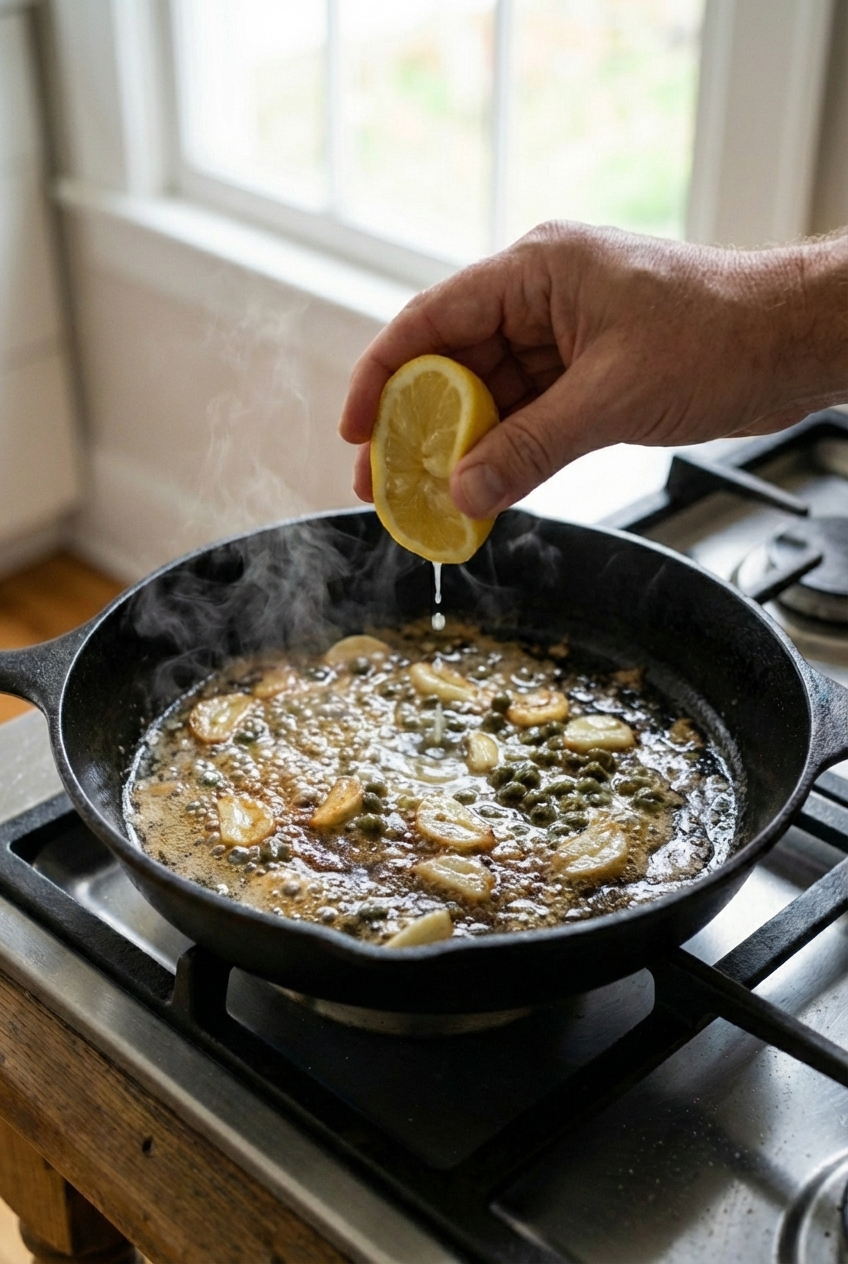 A real photograph of a hand squeezing fresh lemon over a skillet with bubbling butter, garlic, and capers for a pan sauce