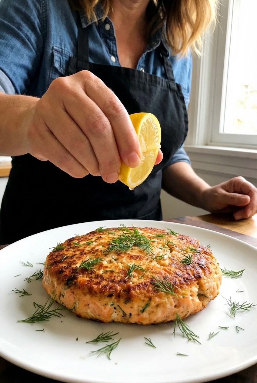 A real photograph of a hand squeezing lemon over a plated salmon cake with scattered fresh dill
