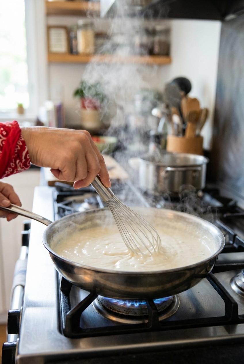 A real photograph of a hand stirring creamy Alfredo sauce in a stainless steel skillet on a stovetop with steam rising