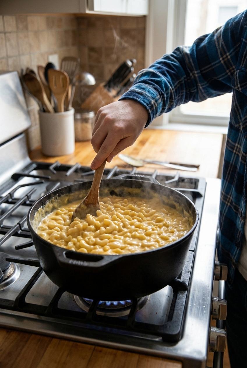 A real photograph of a hand stirring elbow macaroni in a pot of creamy cheese sauce on a stovetop