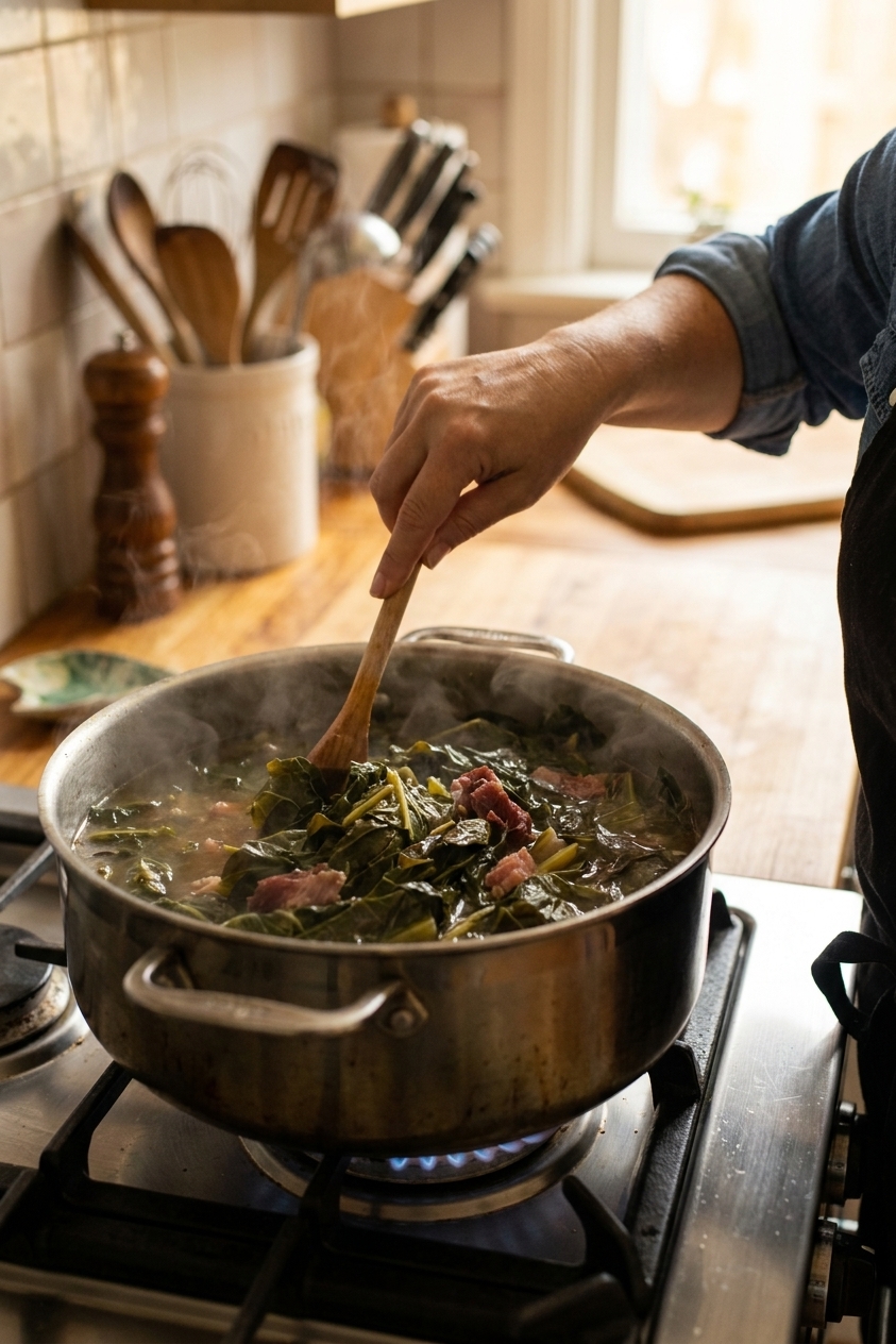 A real photograph of a hand stirring tender collard greens in a pot of smoky broth with a wooden spoon on a stovetop