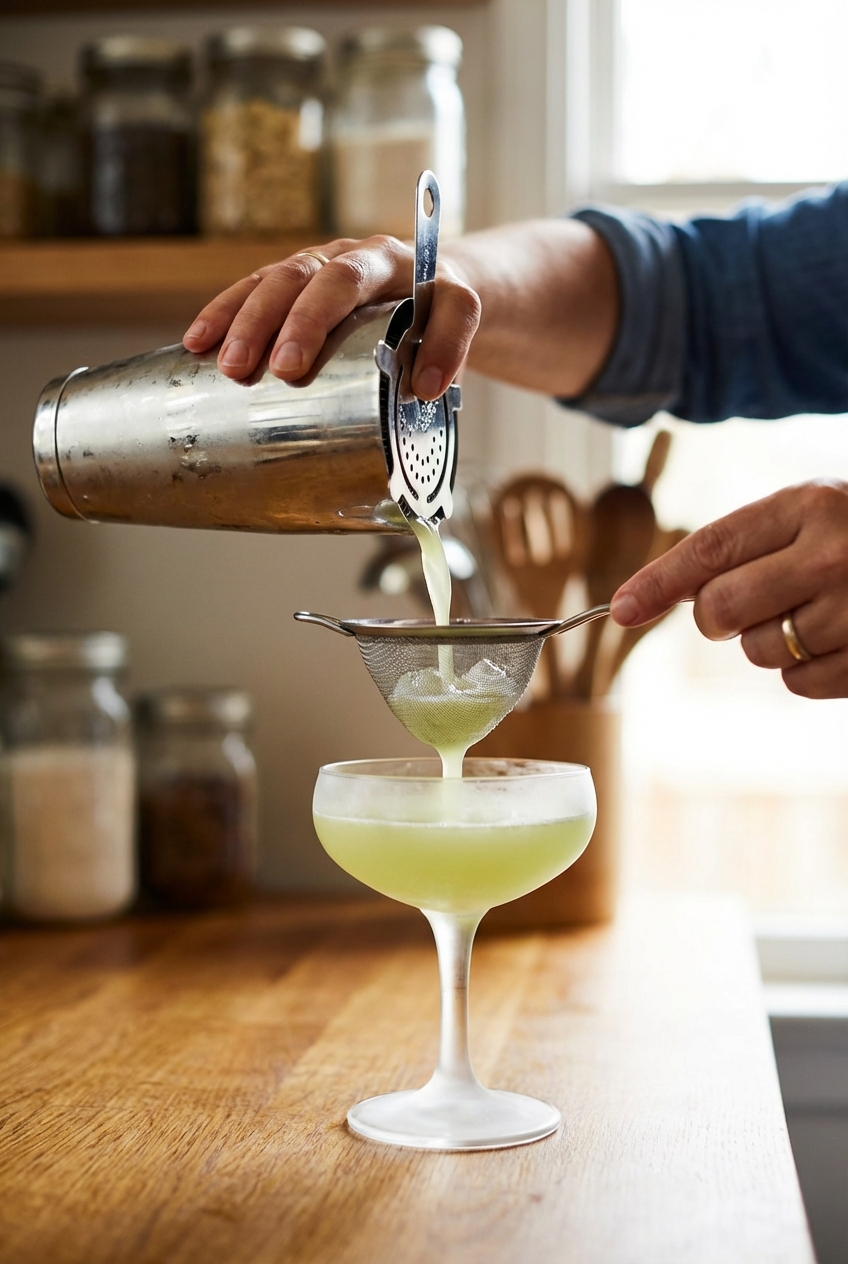 A real photograph of a hand straining a freshly shaken gimlet from a cocktail shaker into a chilled coupe glass