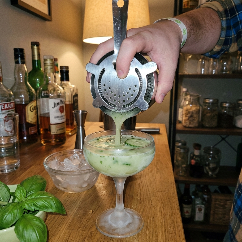 A real photograph of a hand straining a shaken cucumber basil martini into a chilled coupe glass