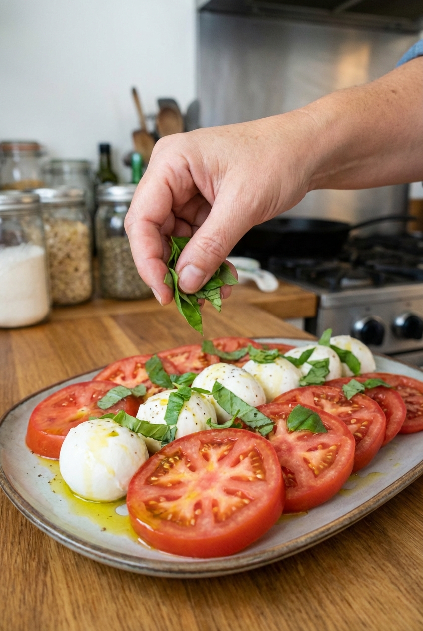 A real photograph of a hand tearing fresh basil leaves over sliced tomatoes and mozzarella on a serving platter