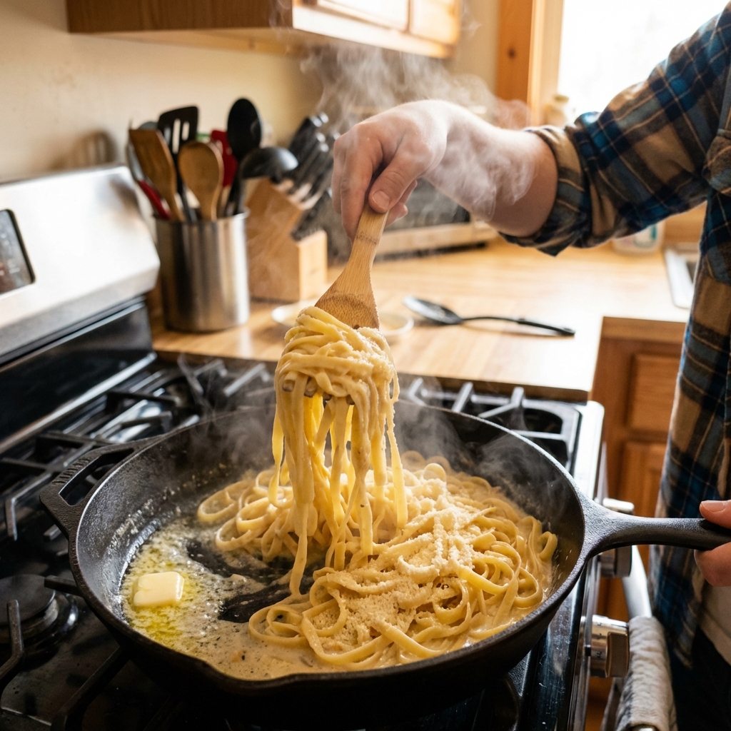 A real photograph of a hand tossing fettuccine in a skillet with melted butter and grated Parmesan as the sauce turns creamy
