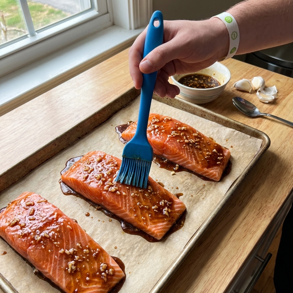 A real photograph of a hand using a silicone pastry brush to coat raw salmon fillets with a brown sugar and garlic glaze on a parchment-lined baking sheet, overhead angle, natural kitchen light