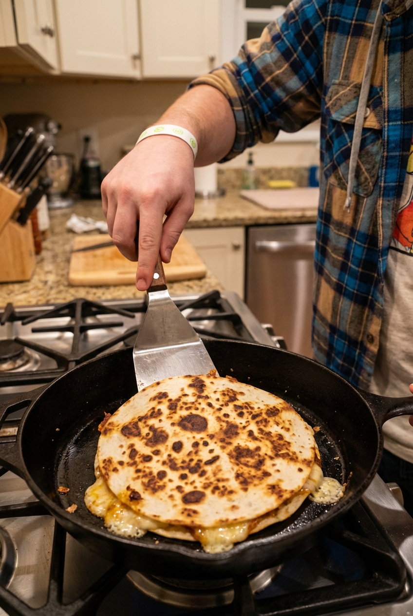 A real photograph of a hand using a wide spatula to flip a quesadilla in a cast iron skillet, with browned tortilla spots and melted cheese peeking out