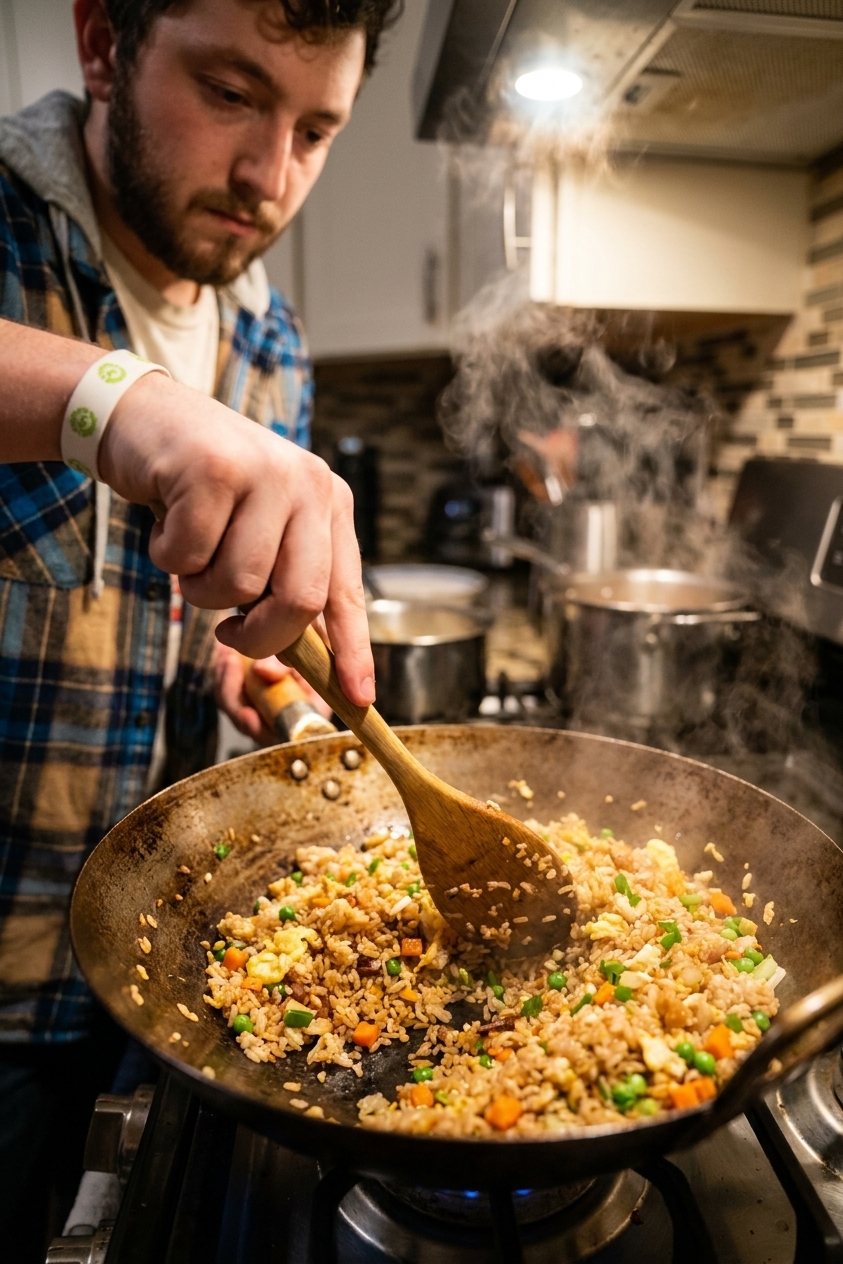 A real photograph of a hand using a wooden spoon to stir fried rice in a hot wok-style pan, with visible steam and browned rice grains