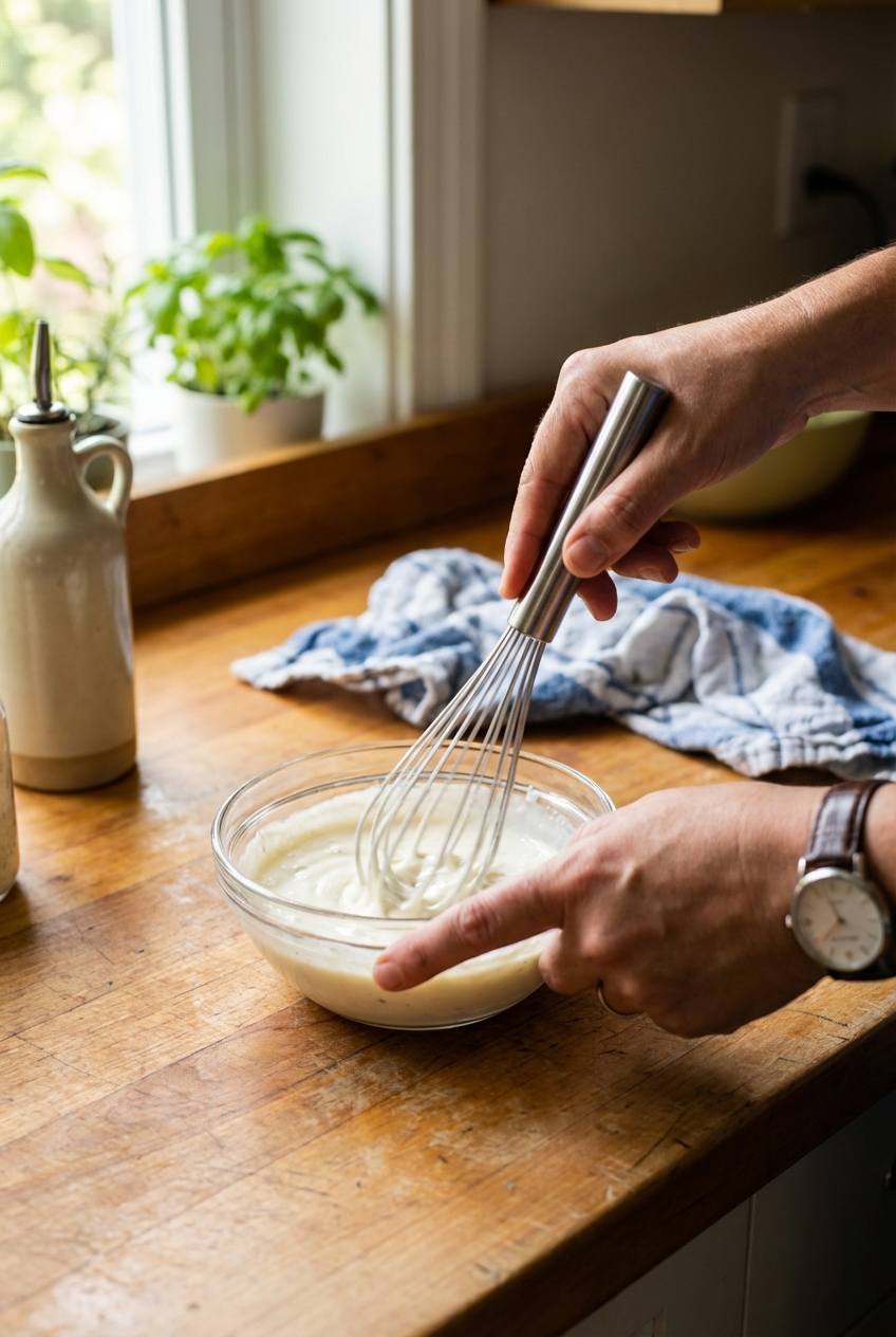 A real photograph of a hand whisking a creamy coleslaw dressing in a small glass bowl on a kitchen counter