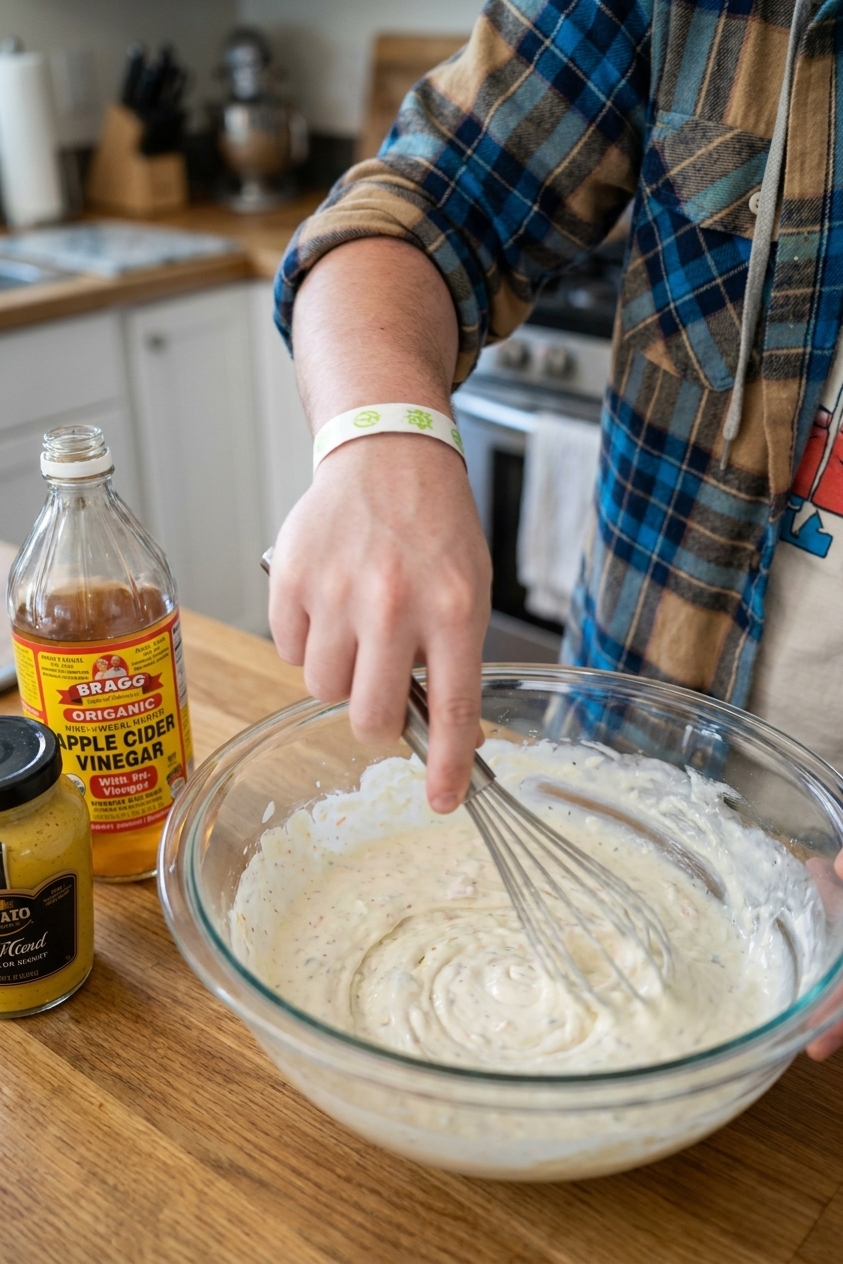 A real photograph of a hand whisking creamy coleslaw dressing in a glass mixing bowl, with vinegar and mustard on the counter nearby