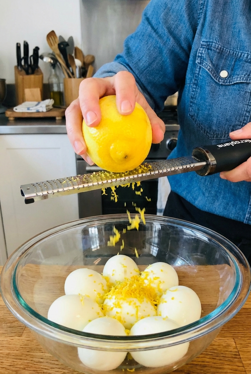 A real photograph of a hand zesting a lemon over a bowl of peeled hard boiled eggs