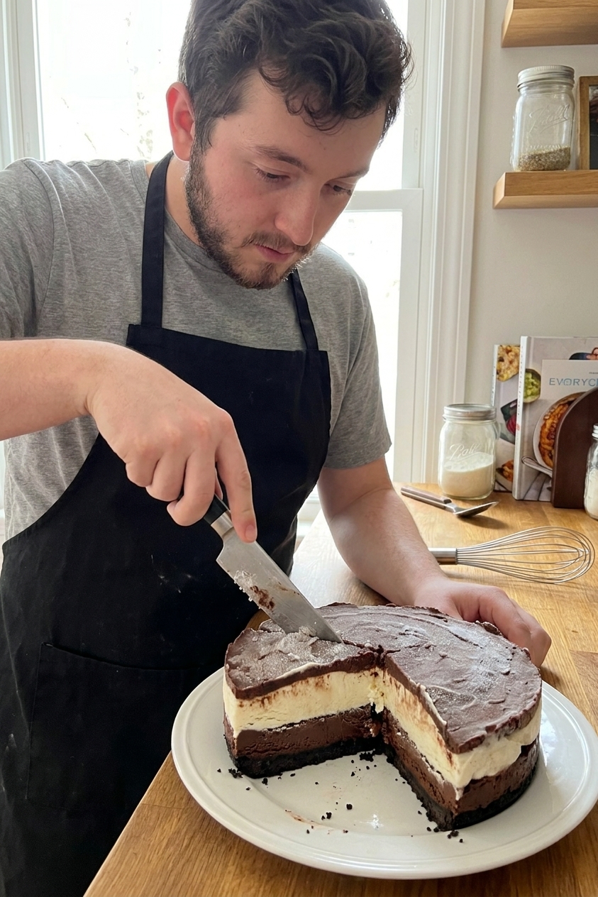 A real photograph of a knife cutting a clean slice from a frozen Mississippi mud pie, showing distinct layers of cookie crust, fudgy chocolate, and vanilla ice cream