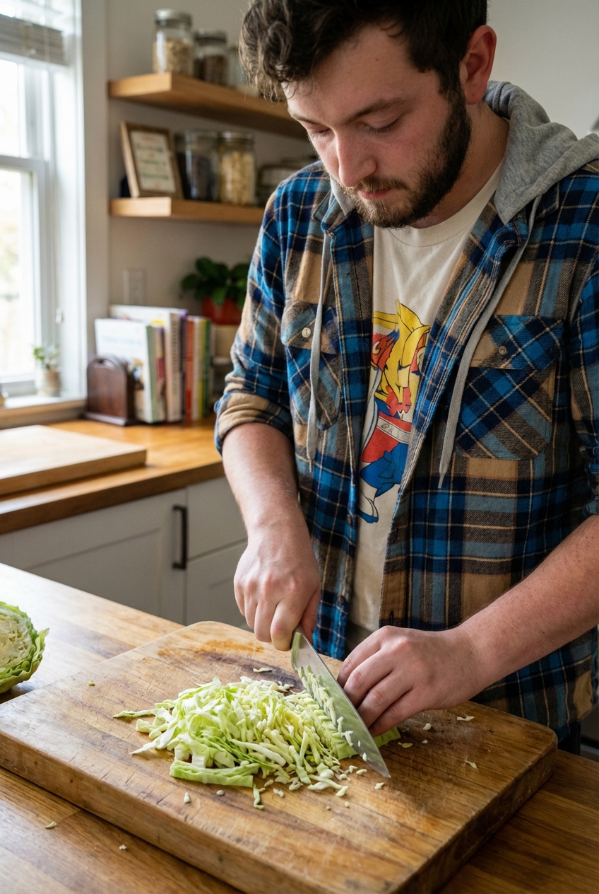 A real photograph of a knife finely chopping cabbage on a cutting board in a home kitchen