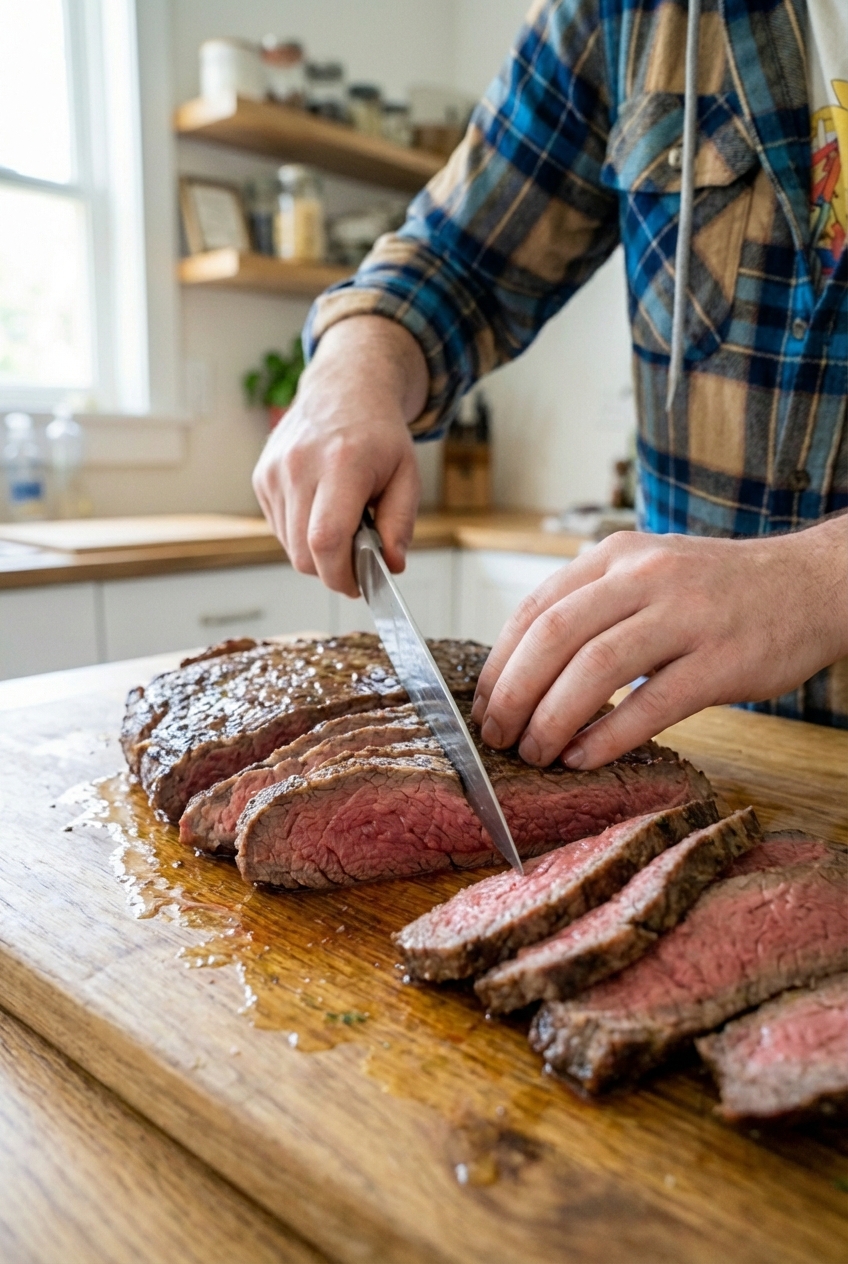 A real photograph of a knife slicing London broil thinly against the grain on a wooden cutting board
