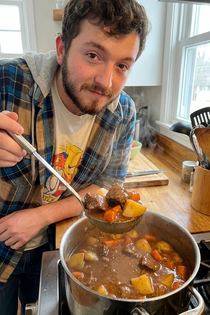 A real photograph of a ladle lifting a portion of beef stew from a pot, showing chunks of beef, potatoes, and carrots coated in thick brown gravy