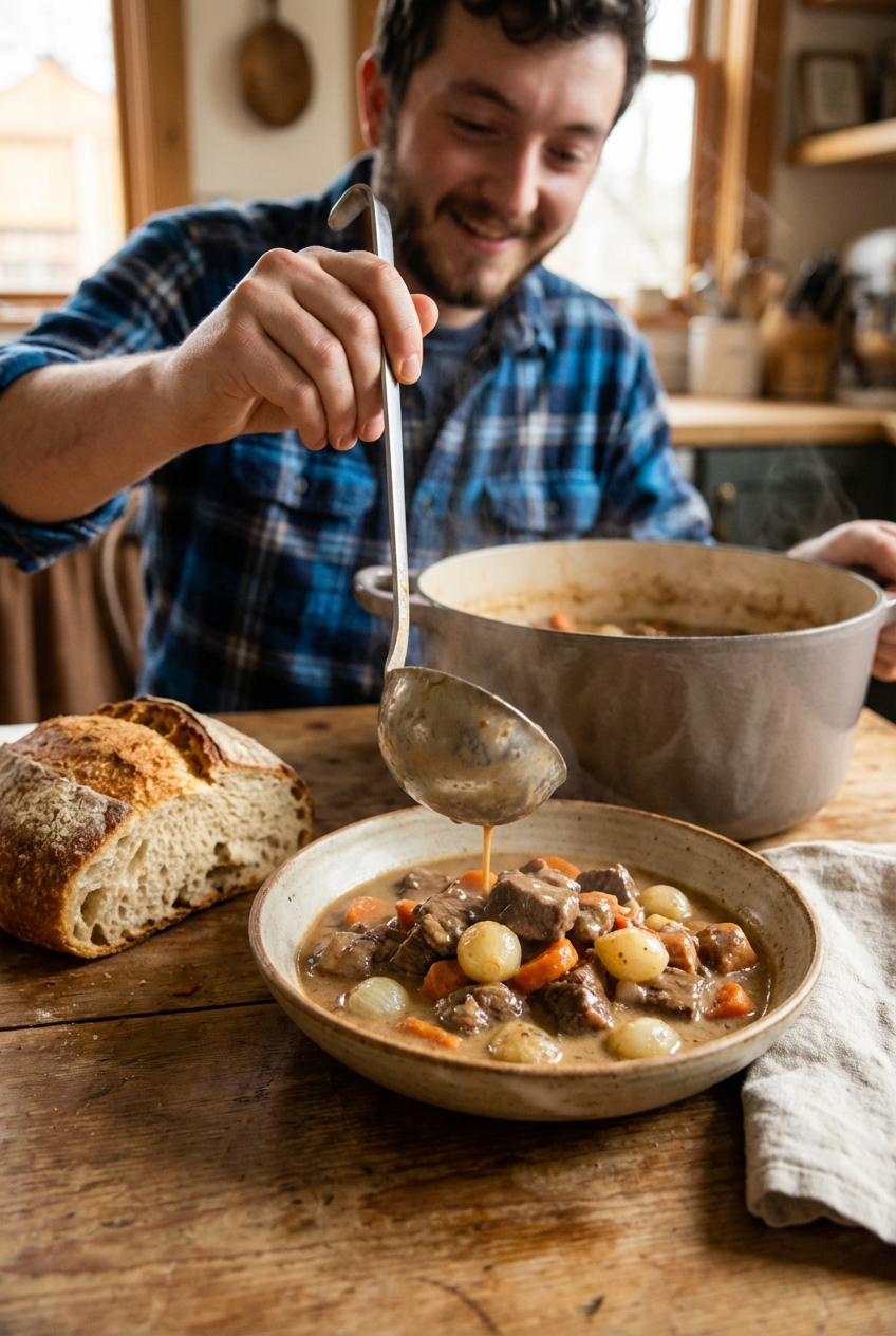A real photograph of a ladle pouring creamy beef bourguignon into a shallow bowl on a wooden table with crusty bread nearby