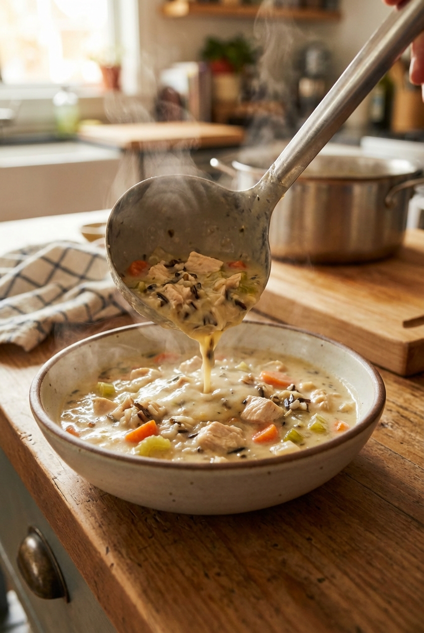 A real photograph of a ladle pouring creamy chicken and wild rice soup into a bowl
