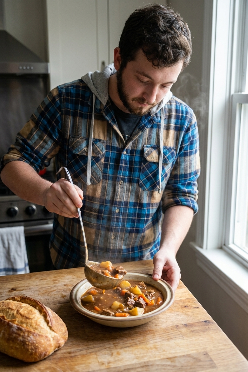 A real photograph of a ladle pouring thick beef stew with potatoes and carrots into a shallow bowl on a kitchen counter