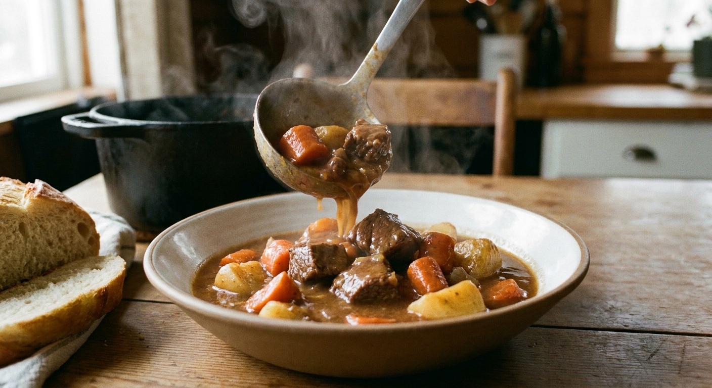 A real photograph of a ladle pouring thick beef stew into a wide bowl, with visible chunks of beef, carrots, potatoes, and a rich brown gravy