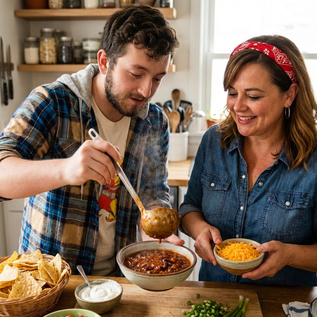 A real photograph of a ladle pouring thick chili into a bowl with tortilla chips and shredded cheese nearby