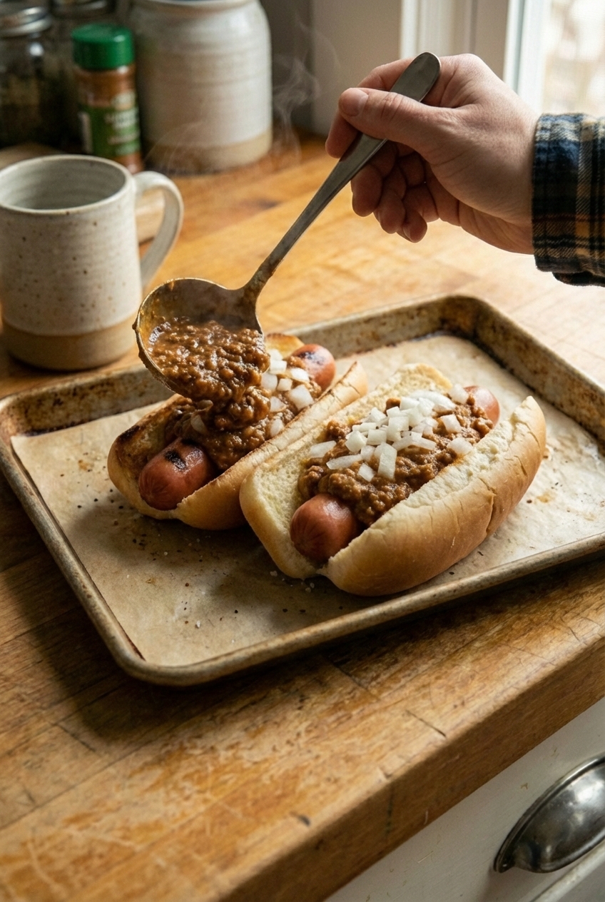 A real photograph of a ladle spooning hot dog chili over grilled hot dogs in buns on a serving tray