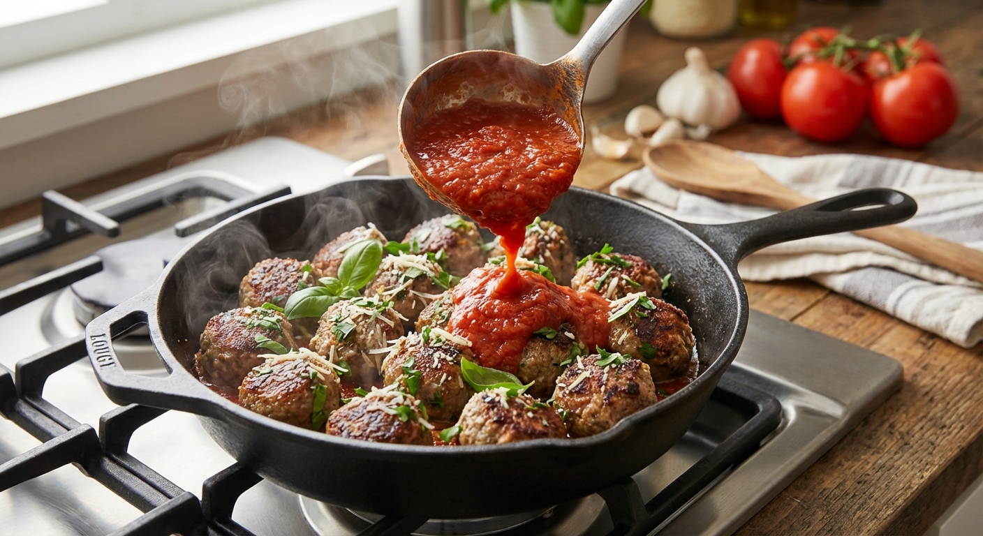A real photograph of a ladle spooning marinara sauce over browned meatballs in a skillet