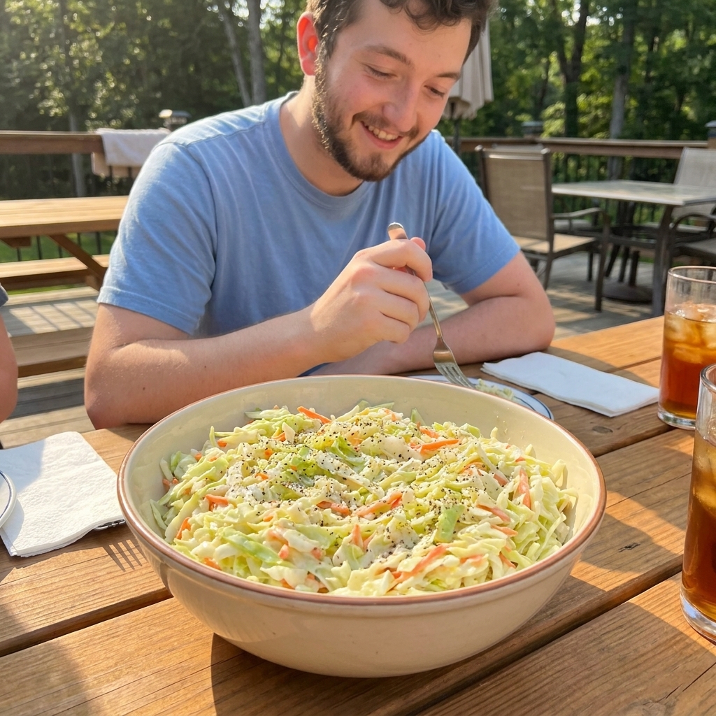 A real photograph of a large bowl of classic creamy coleslaw with shredded green cabbage and carrots, lightly glossy dressing, and black pepper on top on a sunny outdoor table
