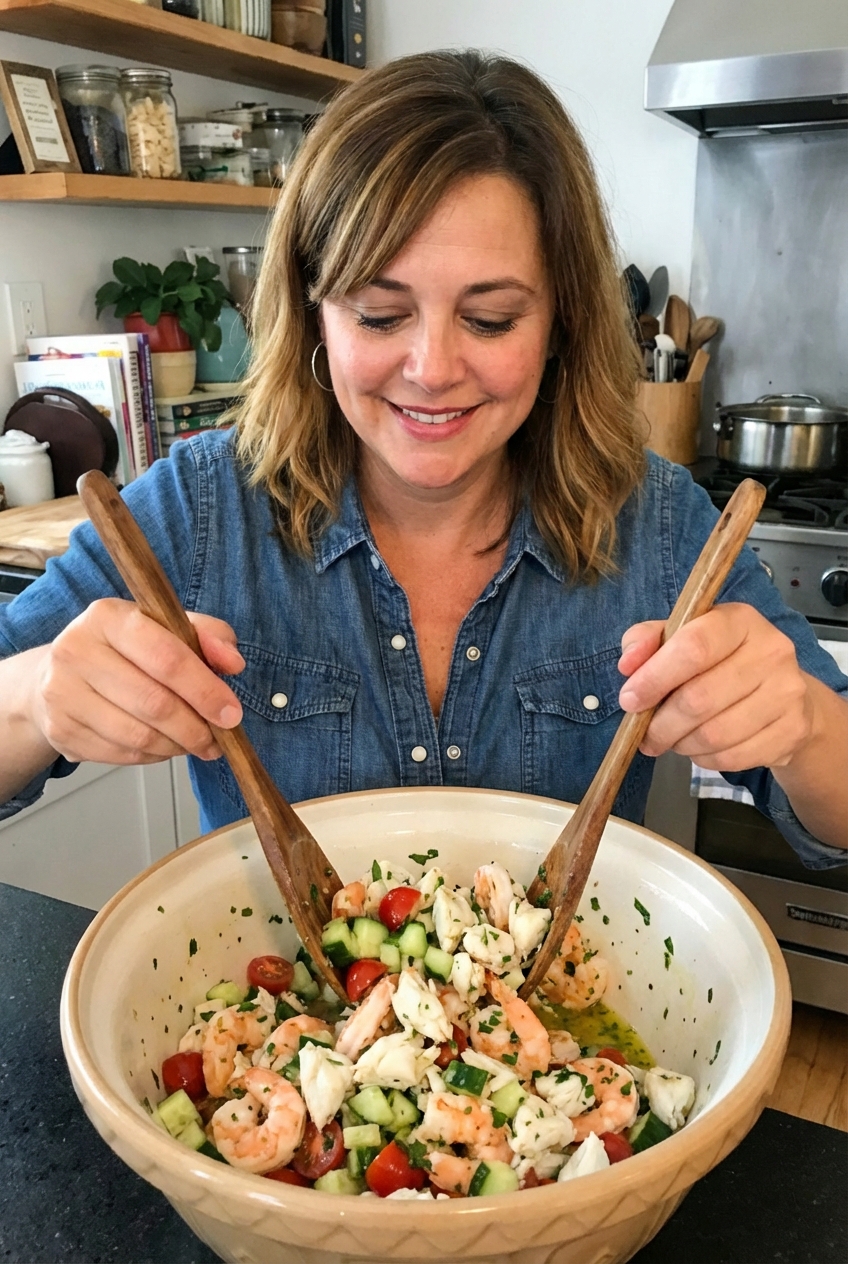 A real photograph of a large mixing bowl with shrimp, crab, diced cucumber, and tomatoes being gently tossed with lemon herb dressing
