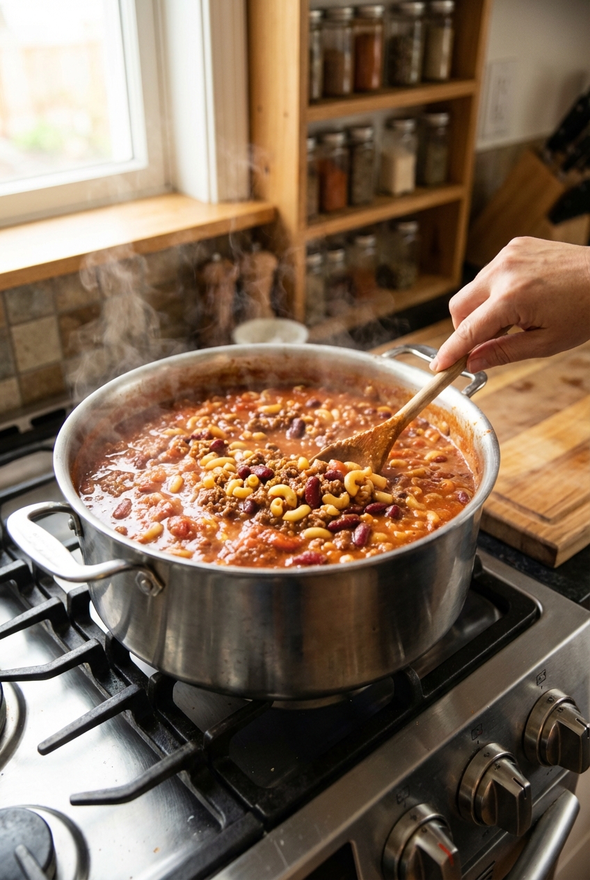 A real photograph of a large pot on a stove filled with chili mac simmering, with steam rising and a wooden spoon stirring