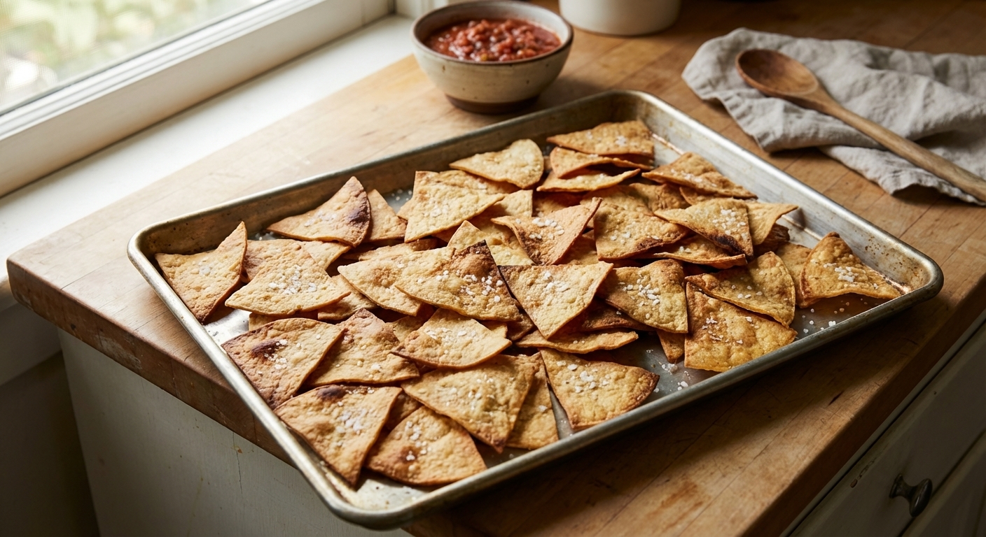 A real photograph of a large sheet pan filled with golden, crispy baked corn tortilla chips sprinkled with flaky salt, shot in natural window light on a wooden kitchen counter with a small bowl of salsa slightly out of focus in the background