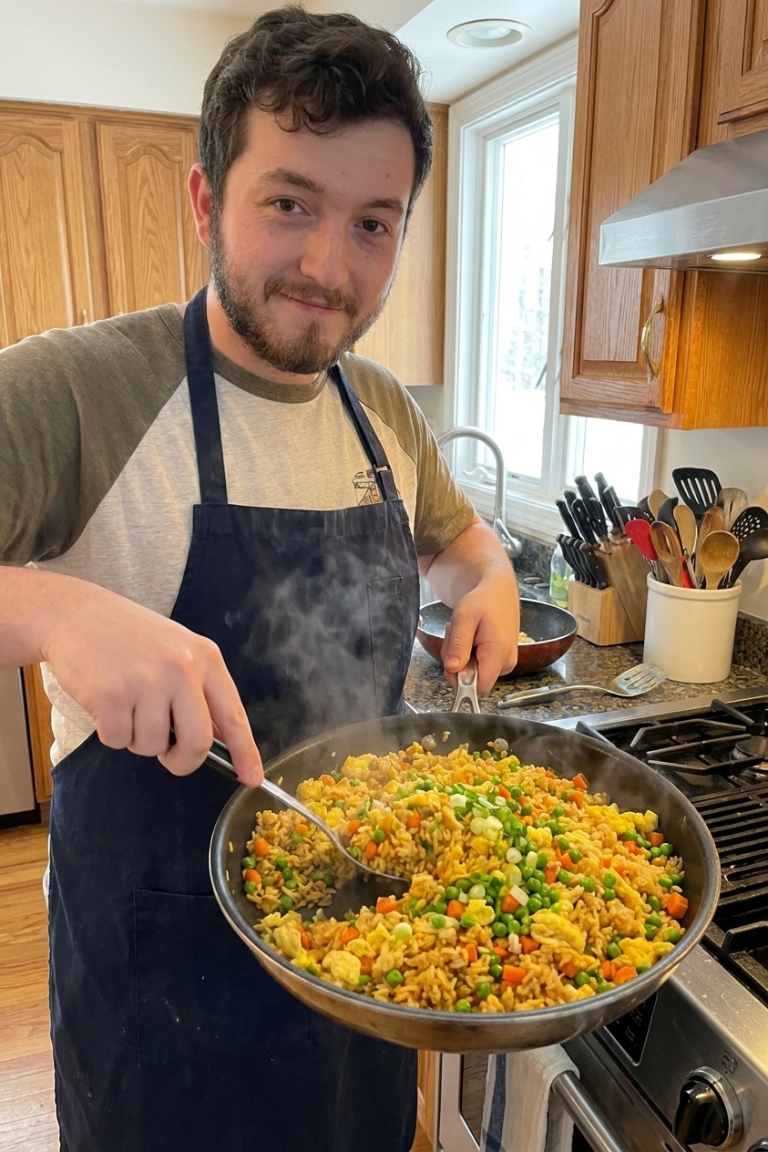 A real photograph of a large skillet filled with golden fried rice with peas, carrots, scrambled egg, and green onions, with steam rising in a home kitchen