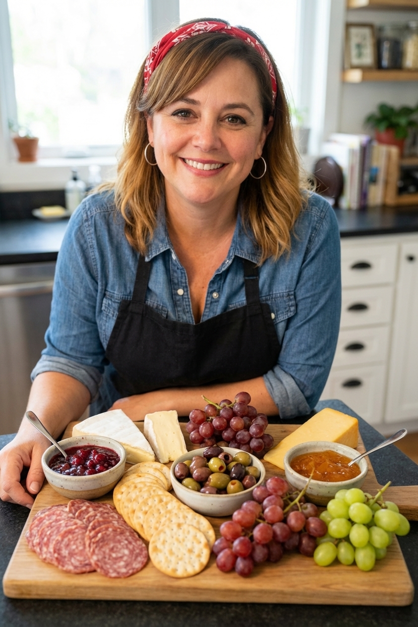 A real photograph of a large wooden charcuterie board on a kitchen counter with sliced salami, crackers, wedges of cheese, grapes, olives, and small bowls of jam, natural window light