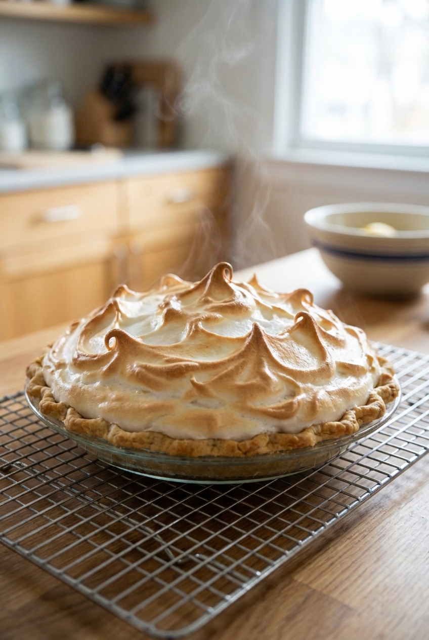 A real photograph of a lemon meringue pie on a wire rack cooling, with the meringue peaks lightly toasted and the kitchen in soft background blur