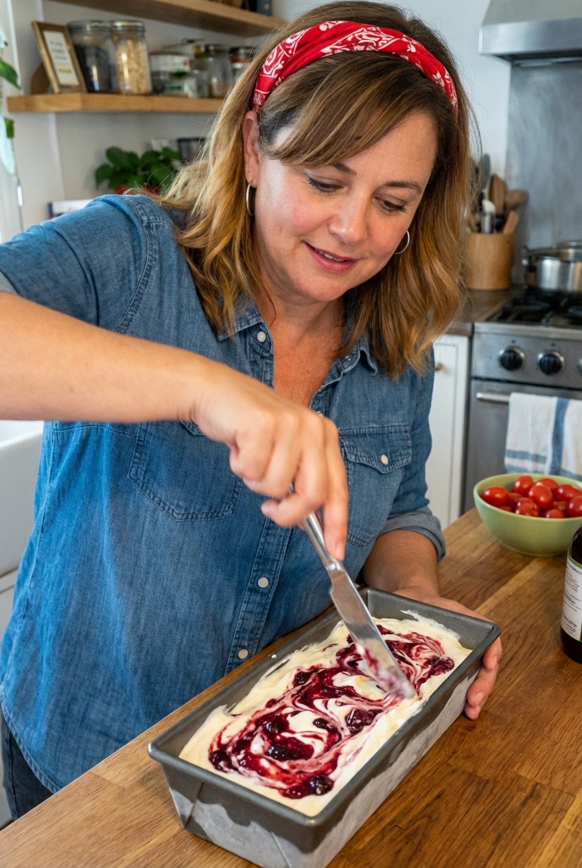A real photograph of a loaf pan filled with ice cream and berry ripple swirls being drawn with a butter knife